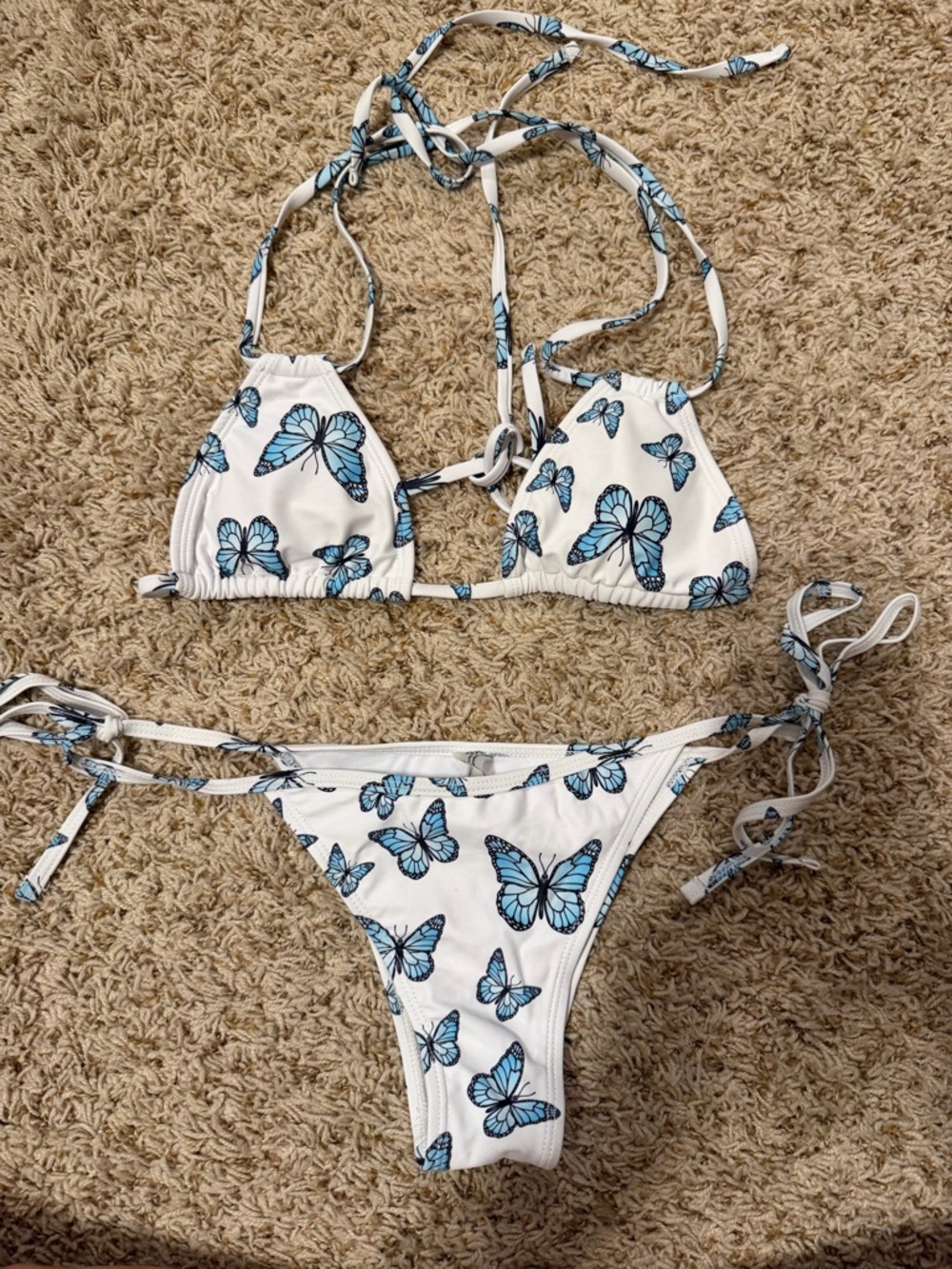 White & Blue Butterfly Triangle String Bikini - Women